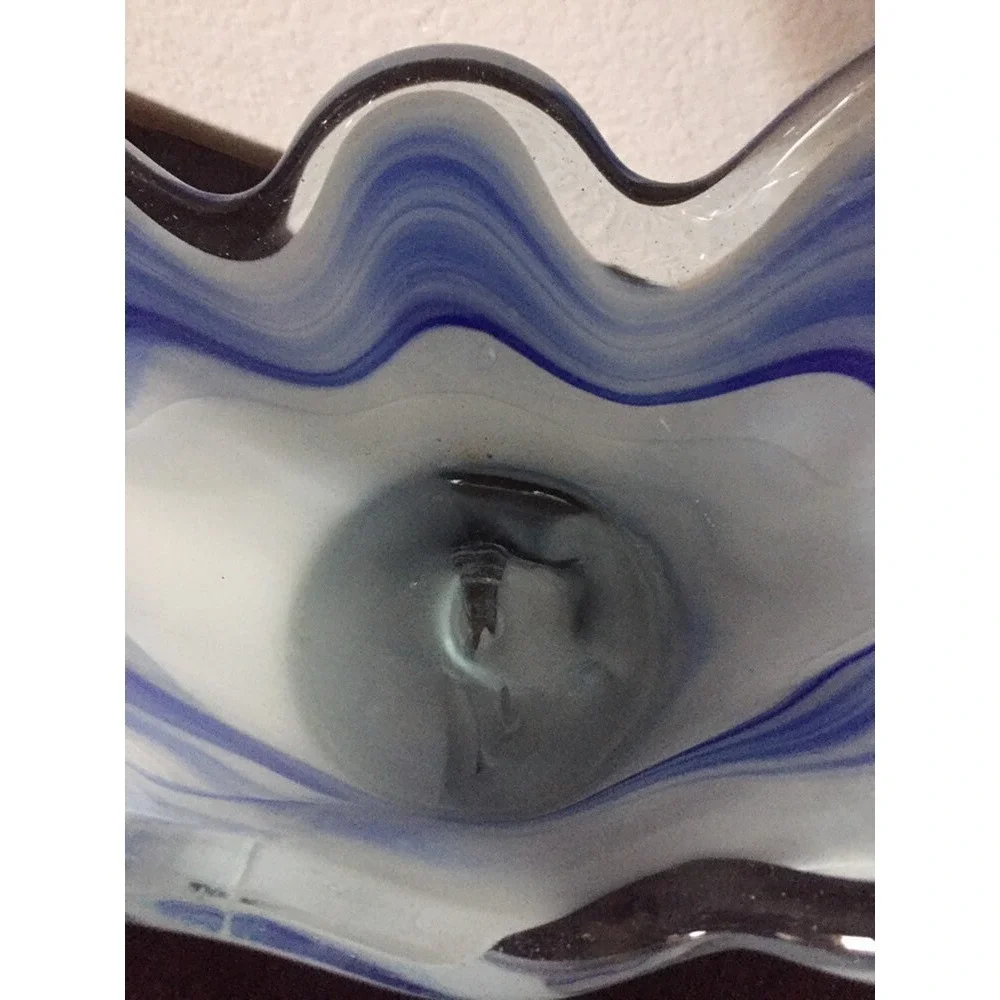 Vtg Handmade Blown Glass Blue/Milky White Swirl Candy Trinket Dish Decorative